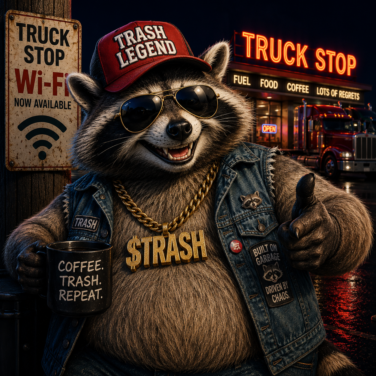 Truck Stop Raccoon $TRASH mascot artwork